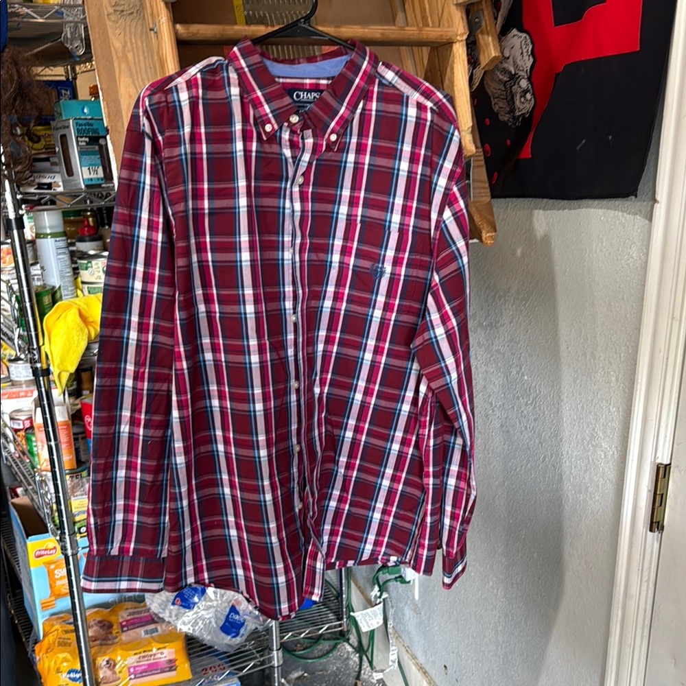 Chaps Men's Classic Red and Blue Plaid Shirt